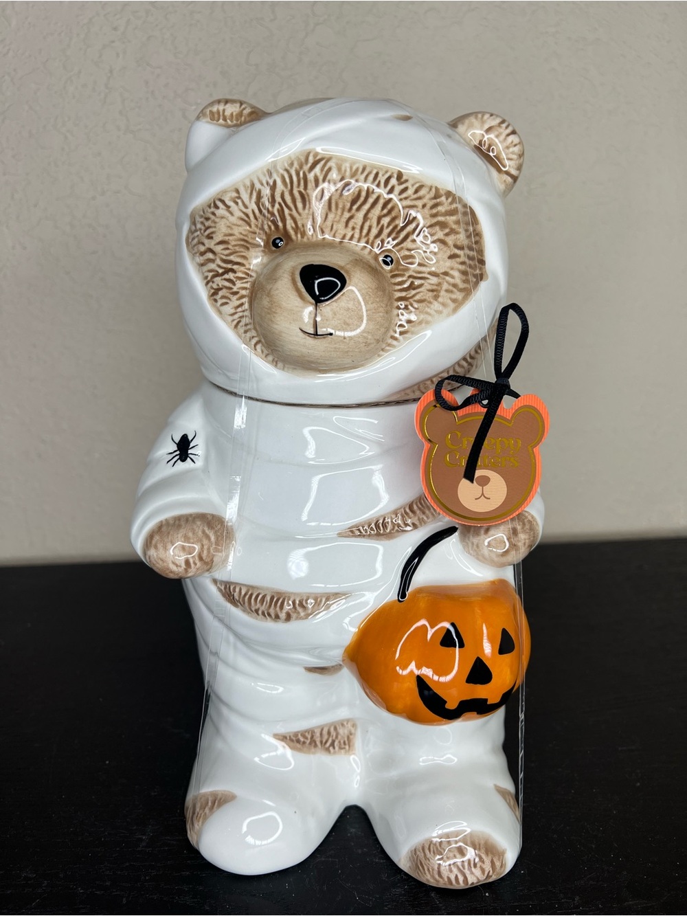 NEW Creepy Critter Halloween Mummy Bear with Pumpkin Ceramic Cookie Jar